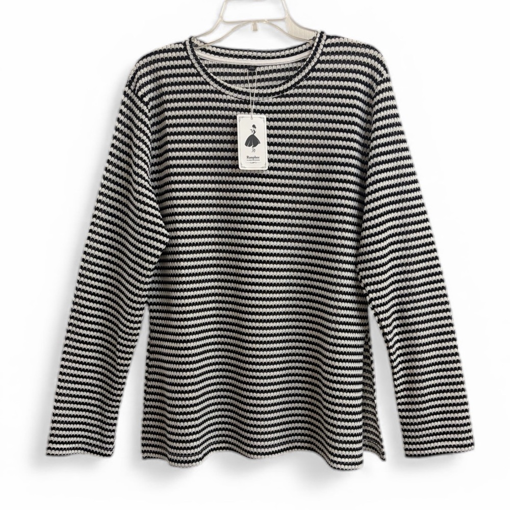 Striped Crew Neck Sweater Top Black & White 2XL